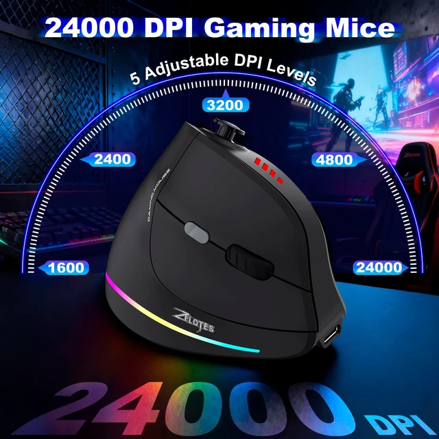 Alt view image 7 of 10 - TRELC Wireless Gaming Mouse with 5 D Rocker, 24000 DPI/11 Programmable Buttons, Ergonomic Mouse for 2 Devices Connection (BT+2.4GHz), Vertical Rechargeable Mice for PC/Laptop/E-Sports/Gamer (Black)