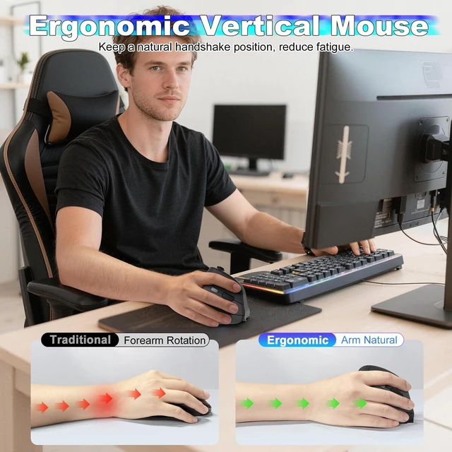 Alt view image 9 of 10 - TRELC Wireless Gaming Mouse with 5 D Rocker, 24000 DPI/11 Programmable Buttons, Ergonomic Mouse for 2 Devices Connection (BT+2.4GHz), Vertical Rechargeable Mice for PC/Laptop/E-Sports/Gamer (Black)