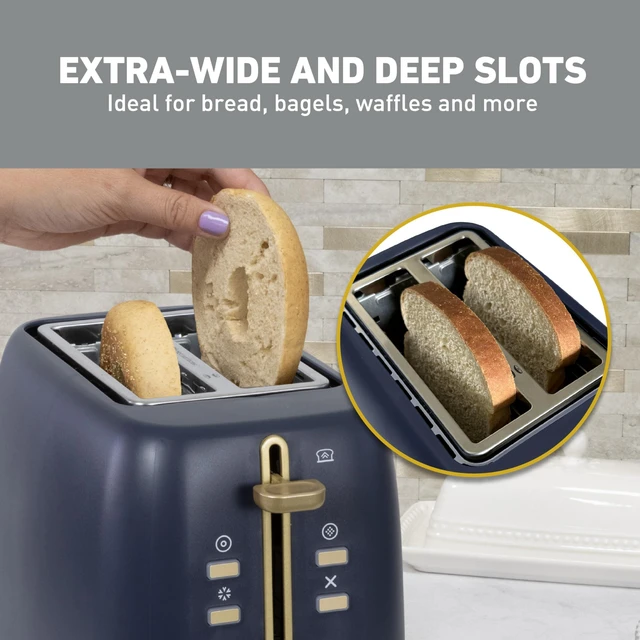 Alt view image 10 of 14 - Timeless 2-Slice Toaster with 7 Browning Levels, Bagel/Waffle/Defrost Settings, High-Lift Lever, Anti-Jam, Easy-Clean Crumb Tray, 2-Slice, Blue/Gold