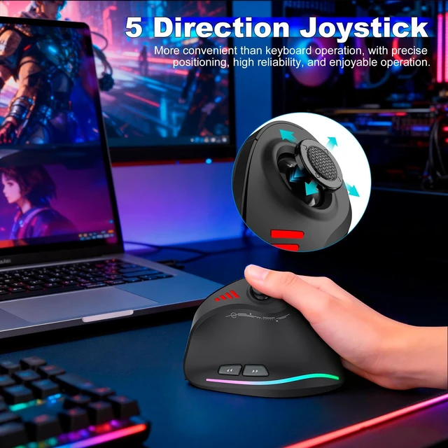 Alt view image 8 of 10 - TRELC Wireless Gaming Mouse with 5 D Rocker, 24000 DPI/11 Programmable Buttons, Ergonomic Mouse for 2 Devices Connection (BT+2.4GHz), Vertical Rechargeable Mice for PC/Laptop/E-Sports/Gamer (Black)