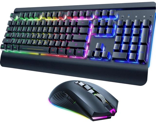 Alt view image 8 of 14 - Wireless Gaming Keyboard and Mouse Combo, Metal Panel, 7 Color Backlits, Rechargeable 3200 mAh Battery, Wrist Rest, Sleep Mode, Light Up Keyboard + 7D 3200DPI Gaming Mice for PC Gamer
