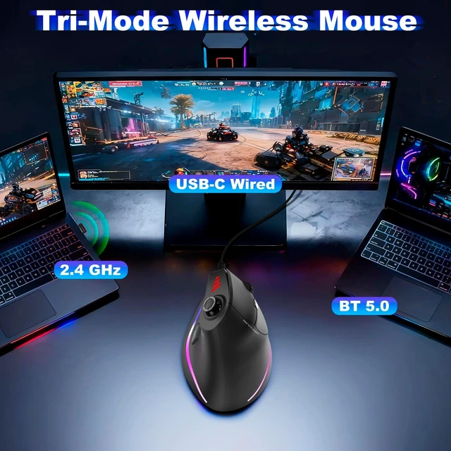 Alt view image 10 of 10 - TRELC Wireless Gaming Mouse with 5 D Rocker, 24000 DPI/11 Programmable Buttons, Ergonomic Mouse for 2 Devices Connection (BT+2.4GHz), Vertical Rechargeable Mice for PC/Laptop/E-Sports/Gamer (Black)