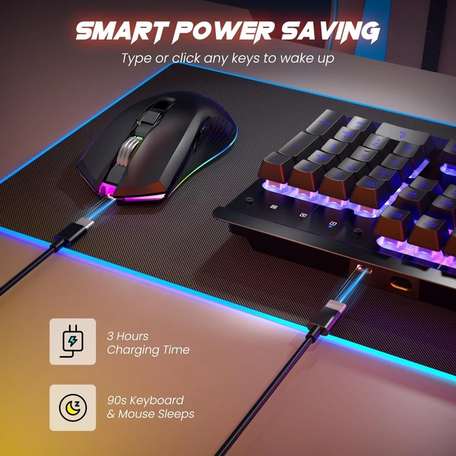 Alt view image 10 of 14 - Wireless Gaming Keyboard and Mouse Combo, Metal Panel, 7 Color Backlits, Rechargeable 3200 mAh Battery, Wrist Rest, Sleep Mode, Light Up Keyboard + 7D 3200DPI Gaming Mice for PC Gamer