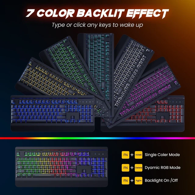 Alt view image 11 of 14 - Wireless Gaming Keyboard and Mouse Combo, Metal Panel, 7 Color Backlits, Rechargeable 3200 mAh Battery, Wrist Rest, Sleep Mode, Light Up Keyboard + 7D 3200DPI Gaming Mice for PC Gamer