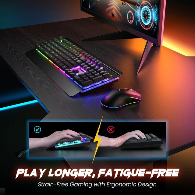 Alt view image 13 of 14 - Wireless Gaming Keyboard and Mouse Combo, Metal Panel, 7 Color Backlits, Rechargeable 3200 mAh Battery, Wrist Rest, Sleep Mode, Light Up Keyboard + 7D 3200DPI Gaming Mice for PC Gamer