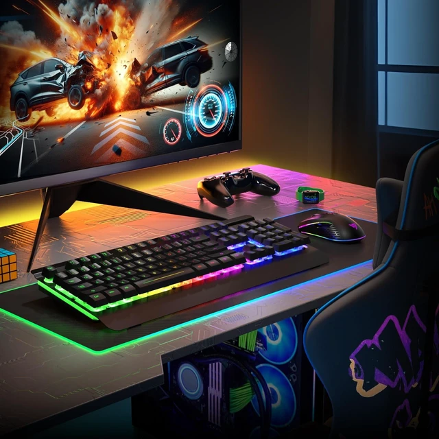 Alt view image 14 of 14 - Wireless Gaming Keyboard and Mouse Combo, Metal Panel, 7 Color Backlits, Rechargeable 3200 mAh Battery, Wrist Rest, Sleep Mode, Light Up Keyboard + 7D 3200DPI Gaming Mice for PC Gamer