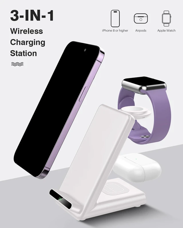 Alt view image 9 of 14 - Wireless Charging Station,3 in 1 Charging Stand Made for Apple Watch Ultra 11 10 9 8 7 6 SE 5 4 3,Fast Wireless Charger Made for iPhone 17/Air/16/15/14/13/12,for AirPods Pro(with Adapter) (White)