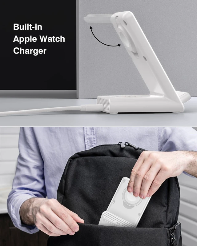 Alt view image 10 of 14 - Wireless Charging Station,3 in 1 Charging Stand Made for Apple Watch Ultra 11 10 9 8 7 6 SE 5 4 3,Fast Wireless Charger Made for iPhone 17/Air/16/15/14/13/12,for AirPods Pro(with Adapter) (White)