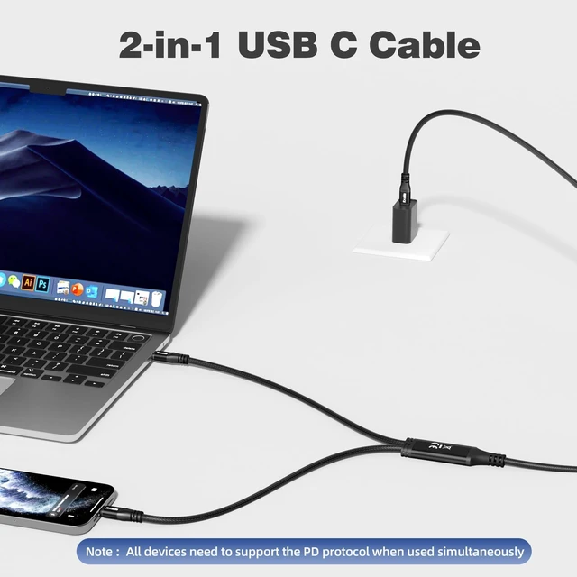 Alt view image 7 of 10 - 2-in-1 USB C to Dual USB-C Cable 8 FT, 140W Max PD Fast Charging Type C Splitter Adapter, Nylon Braided, Compatible with iPhone 16/15 Series, MacBook Air/Pro, iPad Air/Pro, Galaxy Series and More