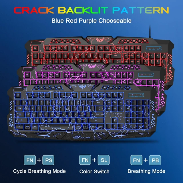 Alt view image 9 of 14 - Gaming Keyboard and Mouse,USB Wired Backlit Gaming Mouse and Keyboard Combo,Letters Glow, 3 Color Crack Backlit,Illumination Keyboard and Mouse Set for Game and Work