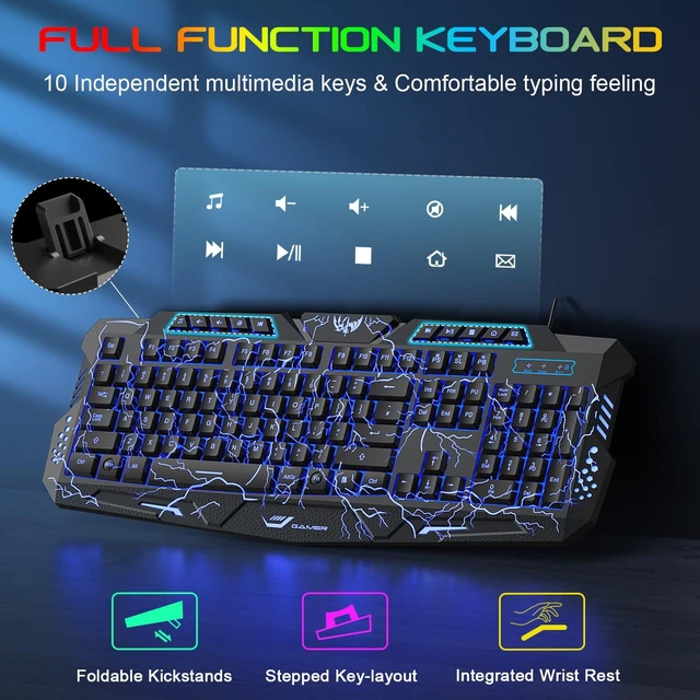 Alt view image 11 of 14 - Gaming Keyboard and Mouse,USB Wired Backlit Gaming Mouse and Keyboard Combo,Letters Glow, 3 Color Crack Backlit,Illumination Keyboard and Mouse Set for Game and Work