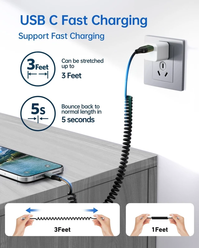 Alt view image 7 of 10 - Coiled USB A to USB C Cable for Car 6FT, 2Pack USB C Cable Fast Charging, USB Type C Cable Compatible with iPhone 17/16/15 Pro Max/Samsung Galaxy S20 S10 S9 S8 Plus Note 10 9 8 and More USB C Devices