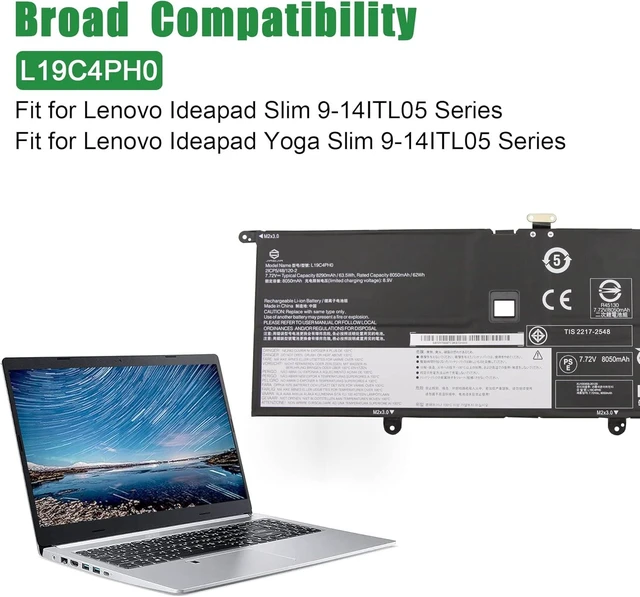 Alt view image 9 of 10 - L19C4PH0 Laptop Battery Replacement for Lenovo Ideapad Slim 9-14ITL05 Series Notebook SB10Y75087 5B10Y75089 L19M4PH0 SB10Y75088 5B10Y75090 Black 7.72V 63.5Wh 8290mAh
