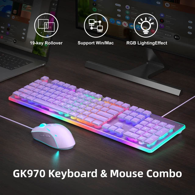 Alt view image 10 of 14 - Creamy Gaming Keyboard and Mouse, Purple 104 Keys RGB and 6 Speed RGB Mouse Combo, Pudding Keycaps Silent Computer Keyboard for Computer/PC/Laptop/Mac/Windows/Office