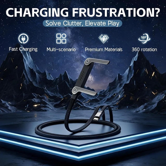 Alt view image 9 of 14 - 2026 New 240W Braided Fast Charge Cable with Built-in Phone Stand, T-Shaped Foldable Durable USB-C Cord, 90 Degree USB C Cable Right Angle Charger Cord (3pcs)