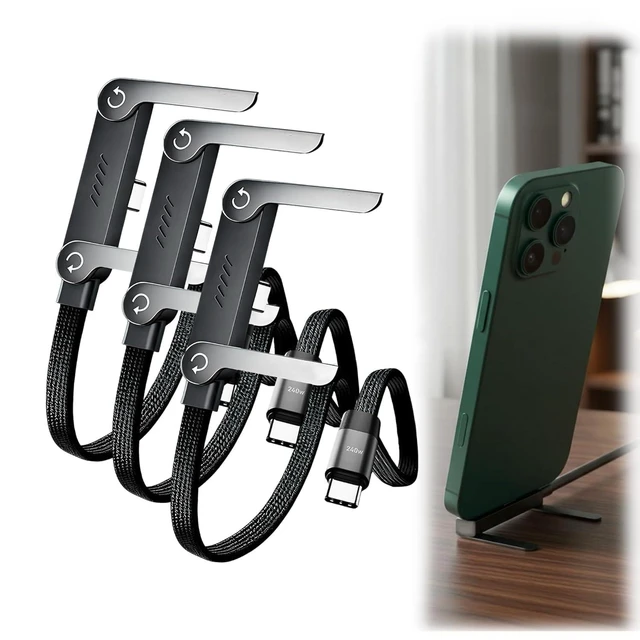 Alt view image 8 of 14 - 2026 New 240W Braided Fast Charge Cable with Built-in Phone Stand, T-Shaped Foldable Durable USB-C Cord, 90 Degree USB C Cable Right Angle Charger Cord (3pcs)