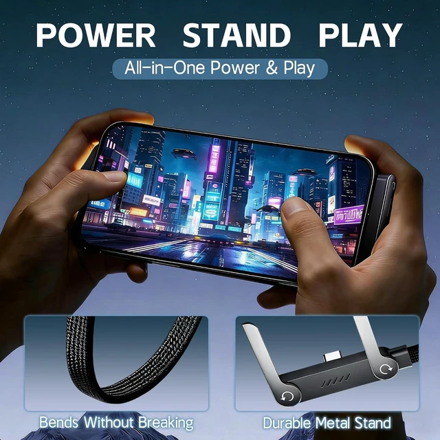 Alt view image 12 of 14 - 2026 New 240W Braided Fast Charge Cable with Built-in Phone Stand, T-Shaped Foldable Durable USB-C Cord, 90 Degree USB C Cable Right Angle Charger Cord (3pcs)