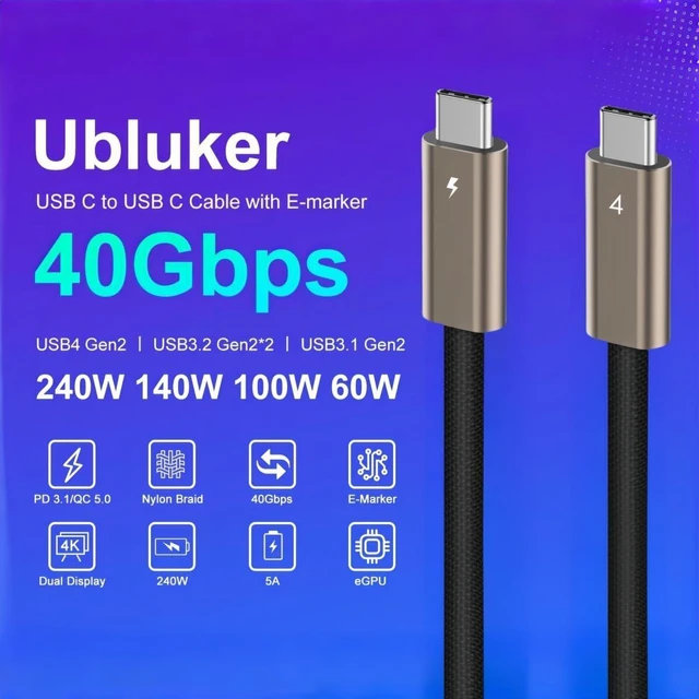 Alt view image 9 of 14 - Ubluker USB C to USB C Cable 40Gbps 15 FT Long, 240W 100W 60W USB4 Cable 24PIN with Thunderbolt 4 Emarker 48V 5A PD 3.1 Video Audio Data Charger for iPhone17 16 15 Galaxy S26 25 Display PC MacBook