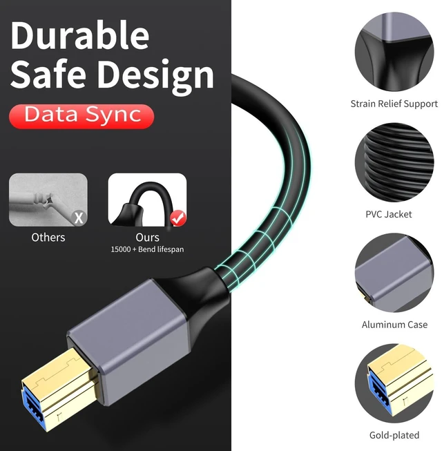 Alt view image 11 of 14 - Active USB 3.0 A to B Printer Cable 20ft, USB 3.0 Type B Printer Cord Compatible with Conference Camera,Docking Station,Hard Driver,Scanner, Printers,Vidicon and More