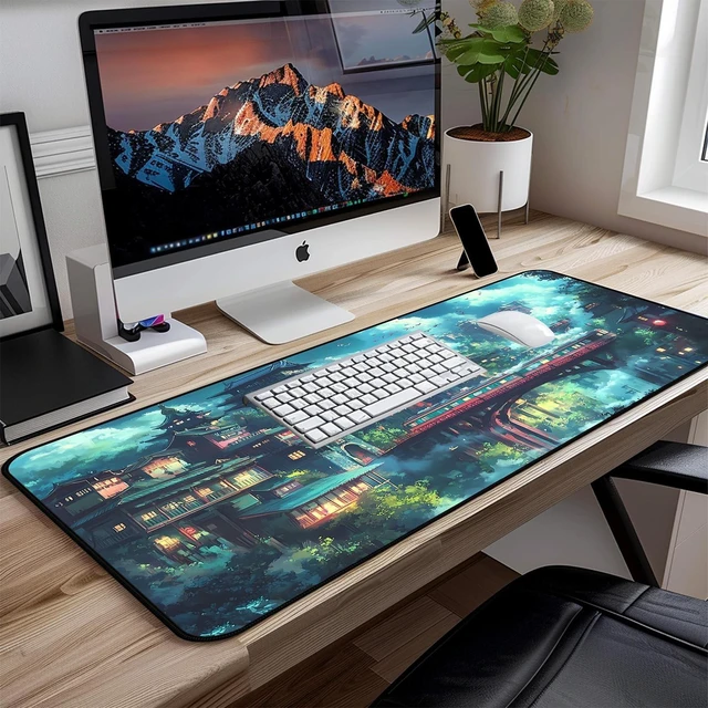 Alt view image 10 of 10 - Japanese Anime Desk Mat, Green Forest Mouse Mat XXL, Game Desk Pad, Fantasy Architecture Computer Keyboard Mat, Wireless Mousepad Large,Natural Landscape Home Office Desktop Decor 31.5"X15.7"