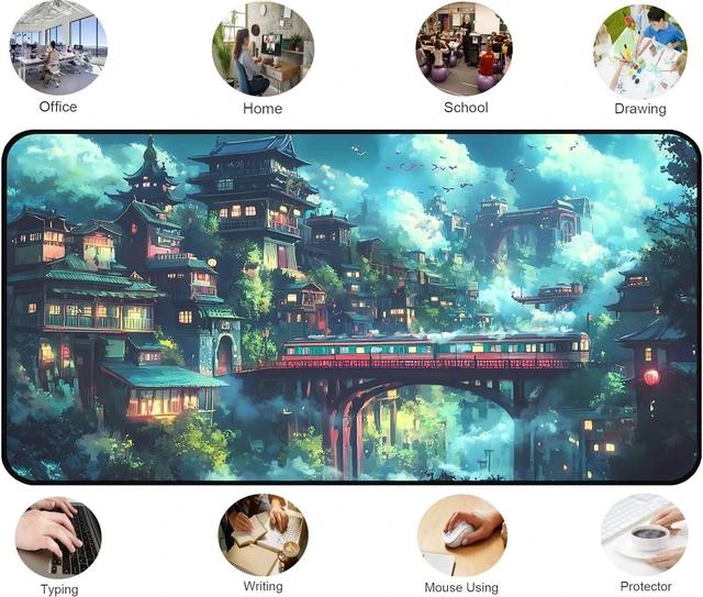Alt view image 9 of 10 - Japanese Anime Desk Mat, Green Forest Mouse Mat XXL, Game Desk Pad, Fantasy Architecture Computer Keyboard Mat, Wireless Mousepad Large,Natural Landscape Home Office Desktop Decor 31.5"X15.7"
