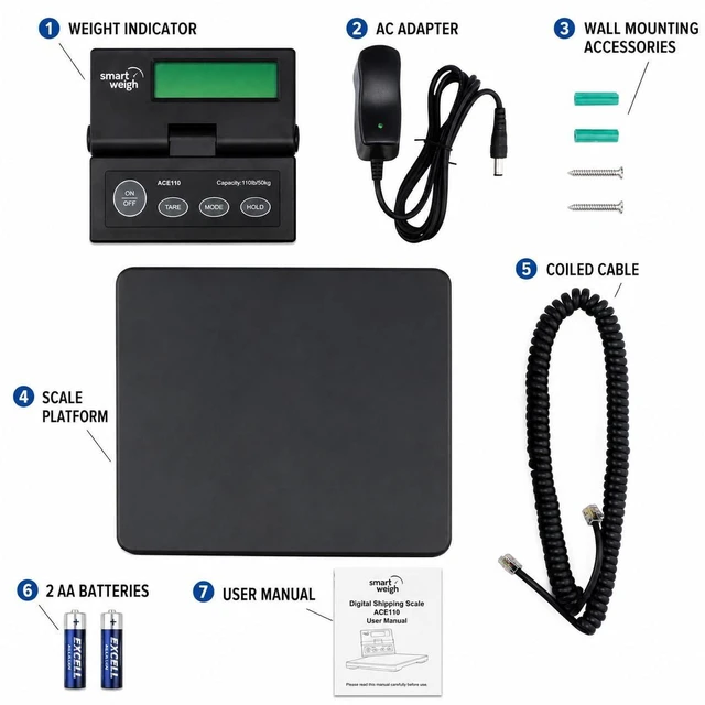 Alt view image 9 of 14 - Smart Weigh Digital Postal Shipping Scale, 110lb/50kg to 0.1oz/2g Precision, Hold Function, Separate Wall-Mount Screen, AC Adapter & Batteries Included