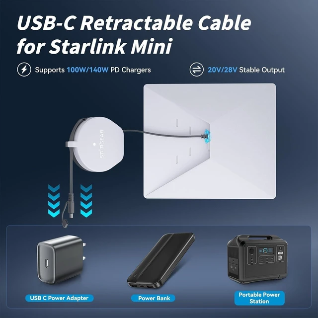 Alt view image 11 of 14 - Starlink Mini Cable 6.5FT, USB-C Retractable Cable with Smart Protocol Chip, 140W Starlink USB C to DC Power Cable with Indicator Light, Work with 20V/100W, 28V/140W PD Power Source