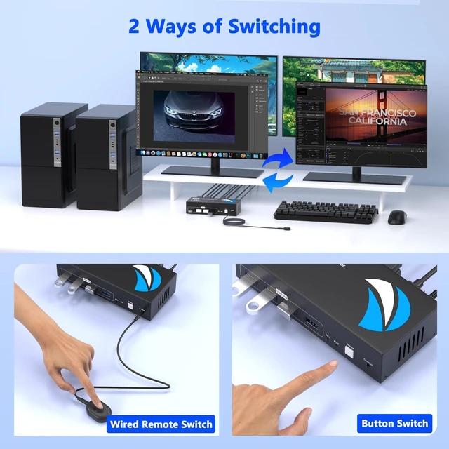 Alt view image 13 of 14 - DisplayPort KVM Switch 2 Monitors 2 Computers, 4K@60Hz KVM Switches Dual Monitor with 4 USB3.0 Port Sharing Keyboard Mouse Printer, Computer Switch Monitor Switch for 2 Computers, DisplayPort Switch