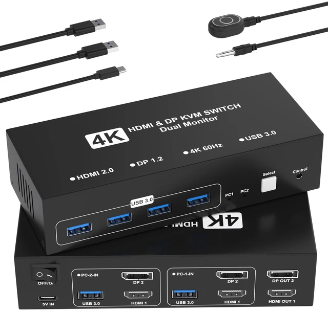 Alt view image 8 of 14 - HDMI DisplayPort KVM Switch 2 Monitors 2 Computers, 4K@60Hz USB3.0 Dual Monitor HDMI KVM Switches Display Port for 2 Computers Share 2 Screens and 4 USB Devices for Keybord Mouse Printer