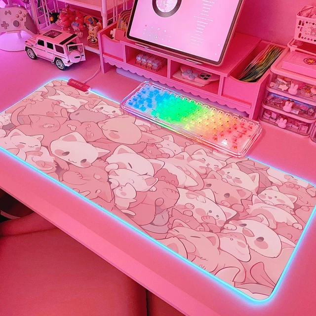 Alt view image 7 of 12 - Pink RGB Gaming Mouse Pad 31.5x12 Inch PC XL Large Extended Glowing Led Light Up Desk Pad Non-Slip Rubber Base Computer Cute Mousepad Mat Desk Accessories Gaming Setup Dreamy Cats