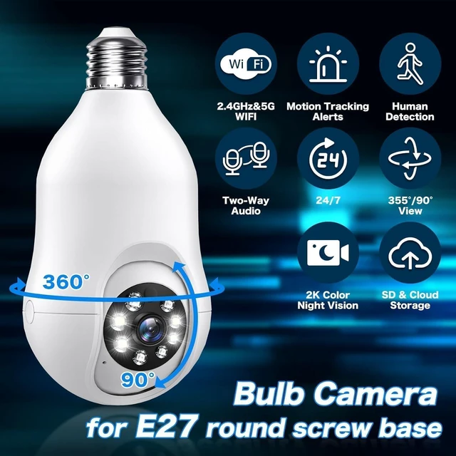 Alt view image 9 of 14 - Light Bulb Security Camera 2 Pack, 5g/2.4ghz Lightbulb Security Cameras Wireless Outdoor EseeCloud, 2K 360 Front Porch Cam Screw in Light Socket Motion Sensor Color Night Vision 2-Way Audio