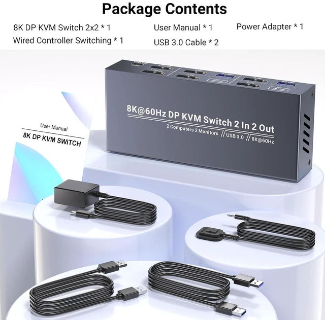 Alt view image 14 of 14 - Dual Monitor Displayport KVM Switch 2 Monitors 2 Computers, 8K60Hz 4K120Hz USB 3.0 2 Port DP KVM Switch for Controlling 2 Computers with 1 Set of Keyboard, Mouse and 2 Monitors