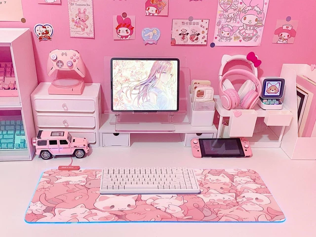 Alt view image 12 of 12 - Pink RGB Gaming Mouse Pad 31.5x12 Inch PC XL Large Extended Glowing Led Light Up Desk Pad Non-Slip Rubber Base Computer Cute Mousepad Mat Desk Accessories Gaming Setup Dreamy Cats