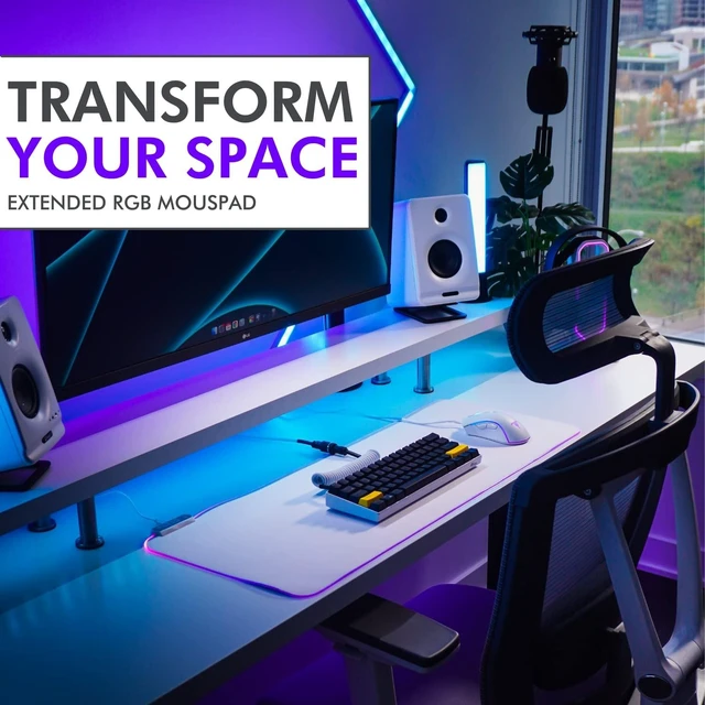 Alt view image 9 of 12 - Bone White Gaming Mouse Pad RGB - Large LED Mousepad - LED Desk mat with 8 Adjustable Light Modes - Non Slip Rubber Base, Easy to Clean Water Proof Surface Mat for Keyboard and Mouse