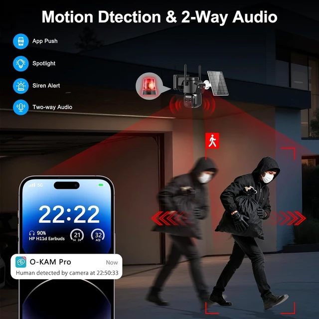 Alt view image 10 of 14 - Triple-Lens Solar Security Cameras Wireless Outdoor, 2.4G/5G WiFi Cameras for Home Security with 10X Zoom, Full Color Night Vision, PlR Human Detection, Auto Tracking, Spotlight Siren, Alexa, IP66