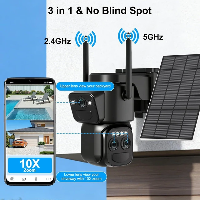 Alt view image 9 of 14 - Triple-Lens Solar Security Cameras Wireless Outdoor, 2.4G/5G WiFi Cameras for Home Security with 10X Zoom, Full Color Night Vision, PlR Human Detection, Auto Tracking, Spotlight Siren, Alexa, IP66