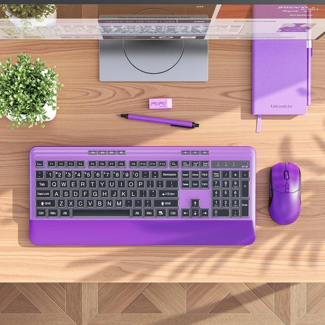 Alt view image 12 of 14 - Wireless Keyboard and Mouse Set with Quiet Keys, 2.4G Full Size Purple Keyboard and Mouse with Wrist Rest, Protective Covers, Soft Touch Silent Design for Windows, Computer, PC and Laptop