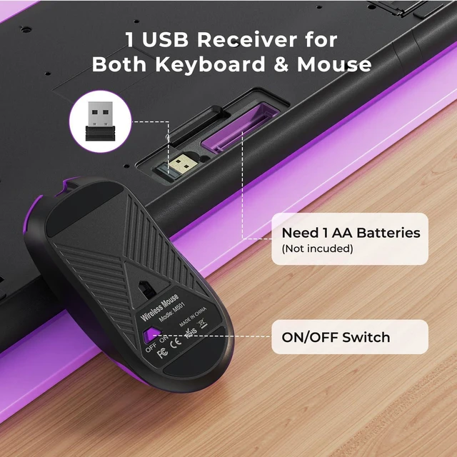 Alt view image 13 of 14 - Wireless Keyboard and Mouse Set with Quiet Keys, 2.4G Full Size Purple Keyboard and Mouse with Wrist Rest, Protective Covers, Soft Touch Silent Design for Windows, Computer, PC and Laptop