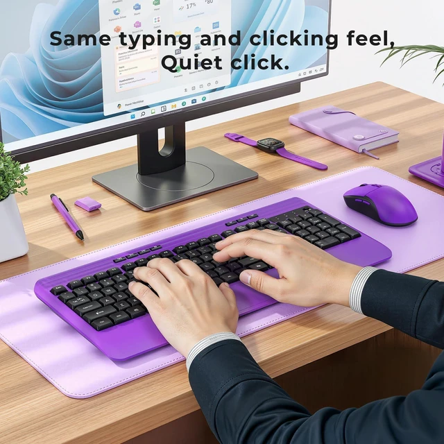 Alt view image 9 of 14 - Wireless Keyboard and Mouse Set with Quiet Keys, 2.4G Full Size Purple Keyboard and Mouse with Wrist Rest, Protective Covers, Soft Touch Silent Design for Windows, Computer, PC and Laptop