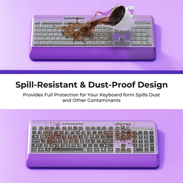 Alt view image 11 of 14 - Wireless Keyboard and Mouse Set with Quiet Keys, 2.4G Full Size Purple Keyboard and Mouse with Wrist Rest, Protective Covers, Soft Touch Silent Design for Windows, Computer, PC and Laptop