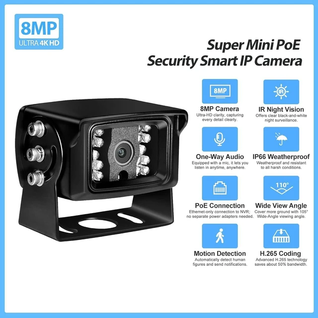 Alt view image 9 of 14 - 8MP POE IP Mini Camera,2.8mm Wide Angle Lens Security Camera for Outdoor Indoor,18 pcs IR LED Smart IR Night Vision,Built-in Mic,AI Motion Dection,Heavy Duty Metal Shell,IP66 Waterproof