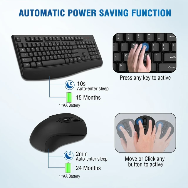 Alt view image 10 of 14 - Wireless Keyboard and Mouse Combo, Full-Sized 2.4GHz Wireless Keyboard with Comfortable Palm Rest and Optical Wireless Mouse for Windows, Mac OS PC/Desktops/Computer/Laptops (Black)