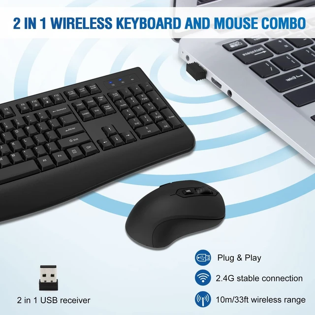 Alt view image 9 of 14 - Wireless Keyboard and Mouse Combo, Full-Sized 2.4GHz Wireless Keyboard with Comfortable Palm Rest and Optical Wireless Mouse for Windows, Mac OS PC/Desktops/Computer/Laptops (Black)
