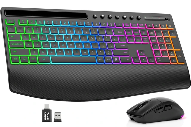 Alt view image 8 of 14 - Wireless Keyboard and Mouse Combo - 4000mAh Rechargeable Backlit Keyboard with Wrist Rest & Phone Holder, Full Size Quiet Typing 2.4G USB-A/Type-C for PC, Laptop, Windows, Mac