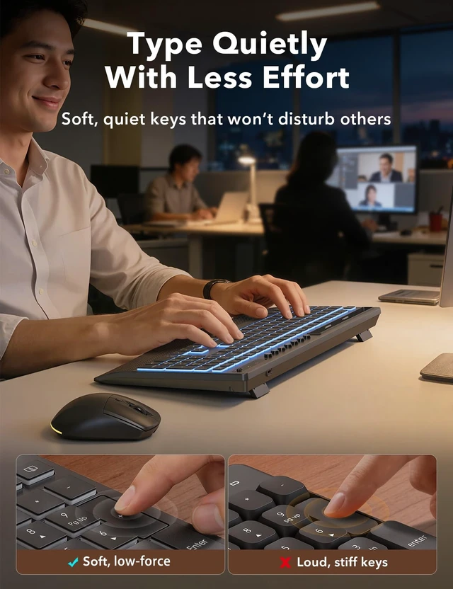 Alt view image 12 of 14 - Wireless Keyboard and Mouse Combo - 4000mAh Rechargeable Backlit Keyboard with Wrist Rest & Phone Holder, Full Size Quiet Typing 2.4G USB-A/Type-C for PC, Laptop, Windows, Mac
