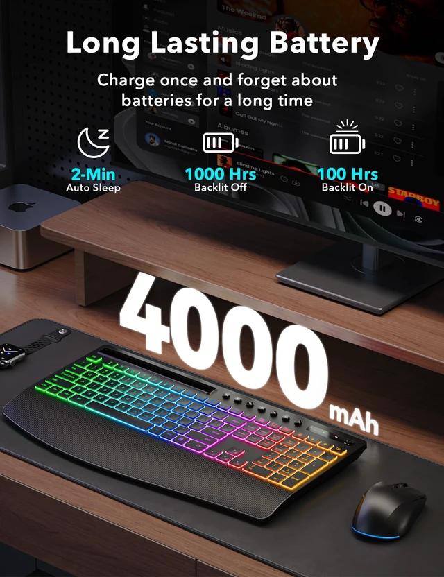 Alt view image 9 of 14 - Wireless Keyboard and Mouse Combo - 4000mAh Rechargeable Backlit Keyboard with Wrist Rest & Phone Holder, Full Size Quiet Typing 2.4G USB-A/Type-C for PC, Laptop, Windows, Mac