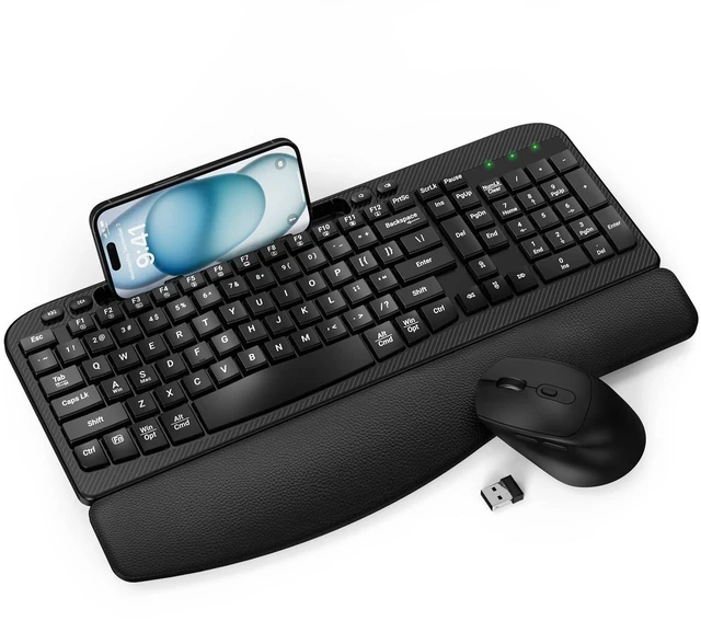 Alt view image 8 of 14 - Wireless Keyboard and Mouse Combo, Full-Sized Ergonomic Wave Keys Keyboard with Memory Foam Wrist Rest & Phone Holder, 2.4G Quiet Keyboard Mouse Work Setup for PC Laptop, Office or Home (Black)