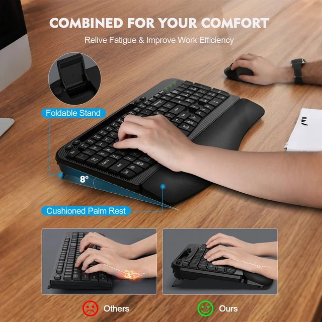 Alt view image 11 of 14 - Wireless Keyboard and Mouse Combo, Full-Sized Ergonomic Wave Keys Keyboard with Memory Foam Wrist Rest & Phone Holder, 2.4G Quiet Keyboard Mouse Work Setup for PC Laptop, Office or Home (Black)