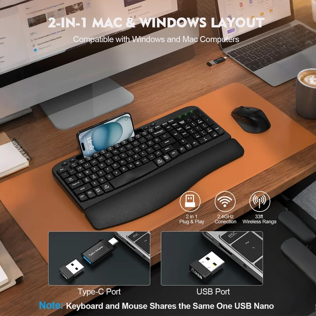 Alt view image 12 of 14 - Wireless Keyboard and Mouse Combo, Full-Sized Ergonomic Wave Keys Keyboard with Memory Foam Wrist Rest & Phone Holder, 2.4G Quiet Keyboard Mouse Work Setup for PC Laptop, Office or Home (Black)
