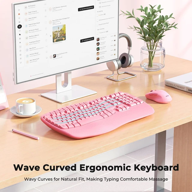 Alt view image 7 of 10 - MEETION Ergonomic Keyboard and Mouse Wireless, Wave Keys Natural Typing, 2.4G Wireless Keyboard with Wrist Rest, 4 Adjustable DPIs Mouse, Computer/Laptop/Windows/Mac, Pink